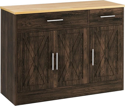 Shintenchi 3 Doors Farmhouse Sideboard Buffet Cabinet,42" Barn Doors Buffet Cabinet with Storage,Wood Coffee Bar Cabinet with Adjustable Shelf for Kitchen,Living Room,Brown