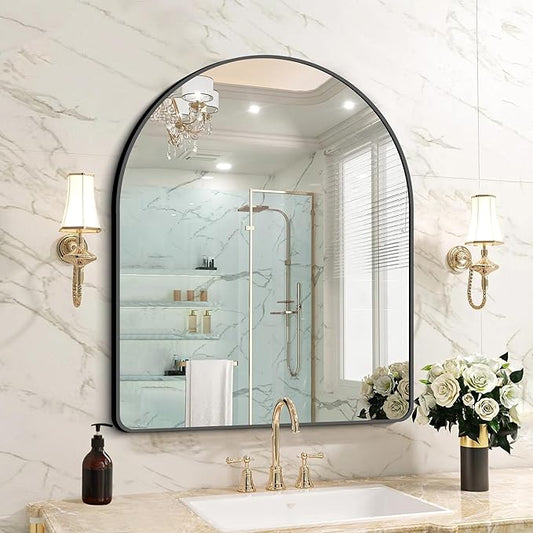 FORBATH Arched Bathroom Mirror 30x36 Inch, Bathroom Mirror Wall Mounted Modern Black Aluminum Frame Decor Dresser Mirror for Bedroom Living Room Entryway, Hanging or Leaning Against Wall