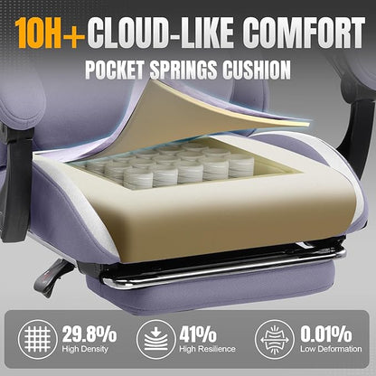 GTRACING Gaming Chair with Foot Rest & Pocket Spring Cushion, Breathable Fabric for Home Office Desk, Ergonomic High Back Computer Chair with Headrest & Lumbar Support, Lavender Purple