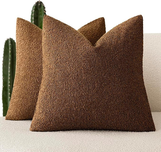 Foindtower Pack of 2 Modern Textured Boucle Throw Pillow Covers Accent Solid Decorative Pillow Cases Cozy Woven Couch Cushion Case for Chair Sofa Bedroom Living Room Home Decor 20x20 Inch Hazel Brown