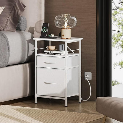 WLIVE Night Stand Set 2, White Nightstand with Charging Station, Nightstands for Bedroom Set of 2, Bedside Tables, Side Table with 2 Fabric Drawers, Small Dresser with USB Ports and Outlets