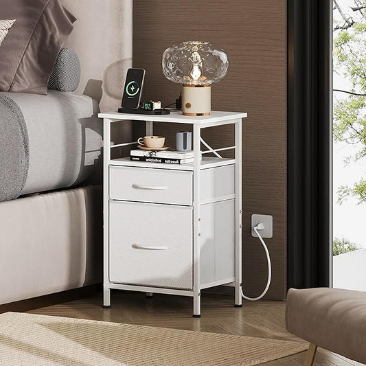 WLIVE Night Stand Set 2, White Nightstand with Charging Station, Nightstands for Bedroom Set of 2, Bedside Tables, Side Table with 2 Fabric Drawers, Small Dresser with USB Ports and Outlets