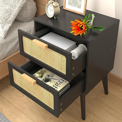 Rattan Nightstand, Wood End Table, Side Table with 2 Hand Made Rattan Decorated Drawers,Boho Bedside Table,Wood Accent Table with Storage for Livingroom, Bedroom, Black CTG59B
