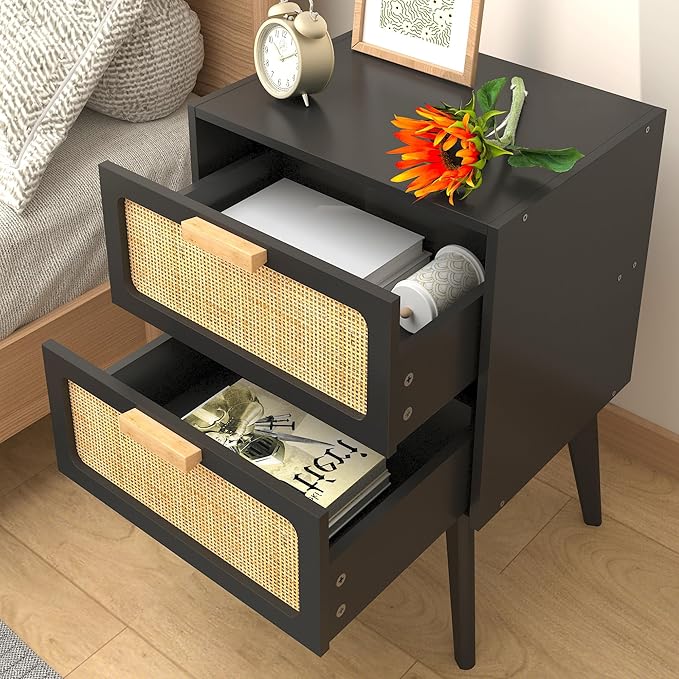 Rattan Nightstand Set of 2,Mid Century Modern Bedside Table with Storage,End Table,Side Table with 2 Hand Made Rattan Decorated Drawers for Livingroom, Bedroom, Black CTG59B-2