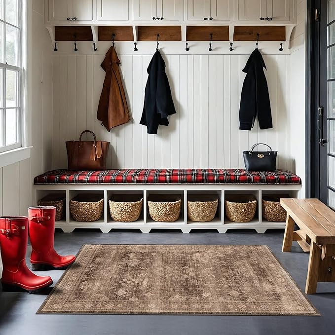 Boho Taupe Brown 4x6 Living Room Rug - Modern Traditional Oriental Neutral, Washable Low Pile Non-Slip Small Area Rugs for Entryway, Bedroom, Foyer, Mudroom