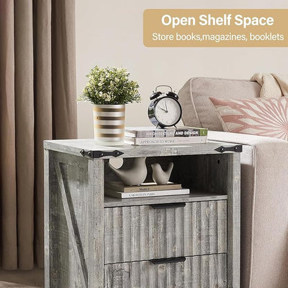 Grey Nightstand with Charging Station - 20 Inch Wide Farmhouse Fluted Bedside Table with 2 Drawers, Modern Wood End Side Table for Bedroom Study Storage Home
