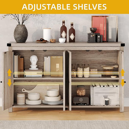 DWVO 55'' Sideboard Buffet Cabinet with Storage, Farmhouse Kitchen Storage Cabinet with Doors, Large Coffee Bar Cabinets with Adjustable Shelves for Kitchen, Living Room, Grey