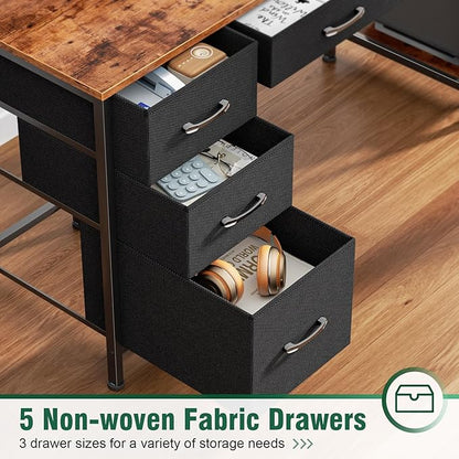Computer Gaming Desk with Hutch, Home Office Desk with Power Outlets, LED Light, 5 Storage Drawers, 2 Tiers Shelves for Display, 47 Inch Modern Study Writing Table for Bedroom, Rustic Brown