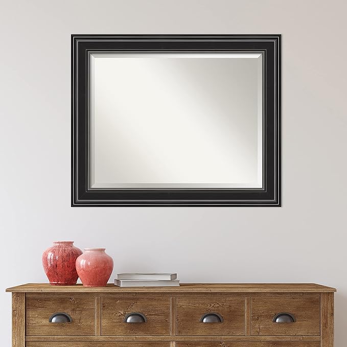 Amanti Art Black Bathroom Mirror for Over Sink, 28x34 Ridge Black Rectangle Vanity Mirror, Large Traditional Frame, Hangs Horizonally and Vertically, Bathroom Wall Decor, Beveled Edge