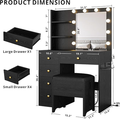 IRONCK Vanity Desk with Mirror and Lights, Small Makeup Vanity Table with 5 Drawers, Power Outlet, and Vanity Stool, 3 Lighting Colors, Dressing Table for Women Girls Bedroom, Black