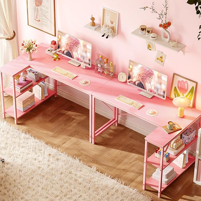 Huuger L Shaped Desk, 47 Inches Computer Desk with Reversible Storage Shelves, Gaming Desk, Corner Desk Home Office Desks, Writing Study Desk with Metal Frame, Pink