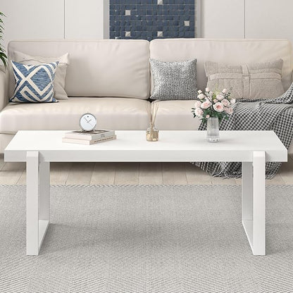 EXCEFUR Small Coffee Table, Modern Minimalist Wood and Metal Center Table for Living Room, Rustic Cocktail Tea Table for Office, White Oak, 44 Inch