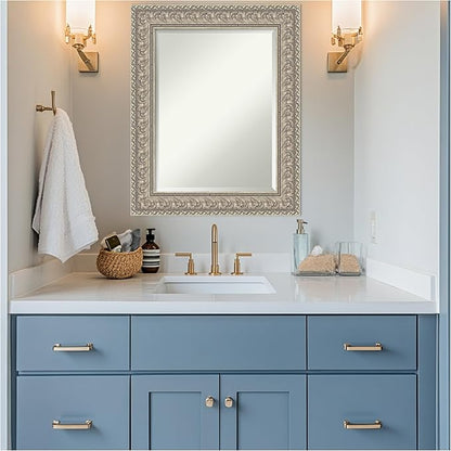 Amanti Art Silver Bathroom Mirror for Over Sink, 31x25 Sydney Silver Rectangle Vanity Mirror, Medium Traditional Frame, Hangs Horizonally and Vertically, Bathroom Wall Decor, Beveled Edge