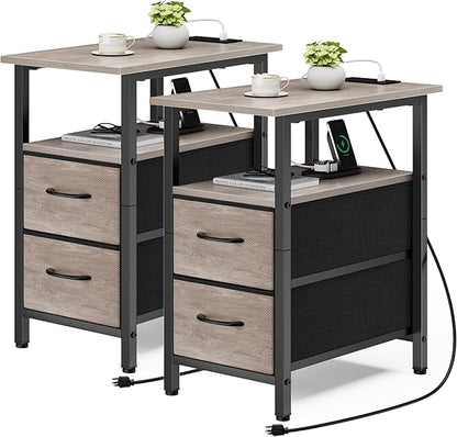 Vagusicc End Table with Charging Station Set of 2, Narrow Side Table, 23.8'' Tall Nightstand with 2 Drawers, Small Sofa Side Table Narrow Nightstand for Small Spaces, Living Room, Bedroom, Rustic Grey