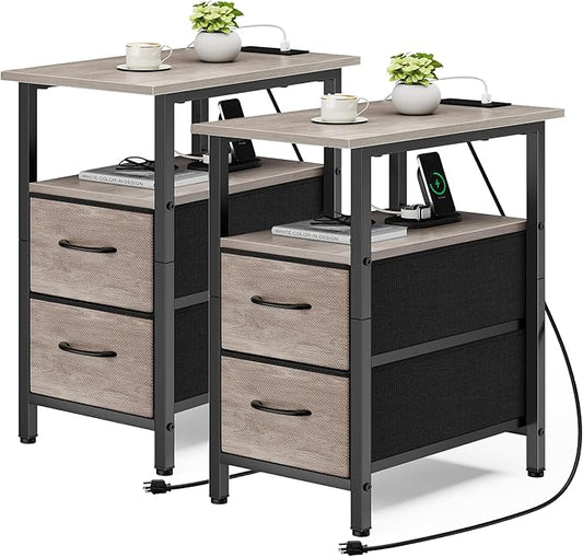 Vagusicc End Table with Charging Station Set of 2, Narrow Side Table, 23.8'' Tall Nightstand with 2 Drawers, Small Sofa Side Table Narrow Nightstand for Small Spaces, Living Room, Bedroom, Rustic Grey