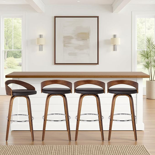 Armen Living Sonia 30" Bar Height Swivel Brown Faux Leather and Walnut Wood Bar Stool - Set of 2