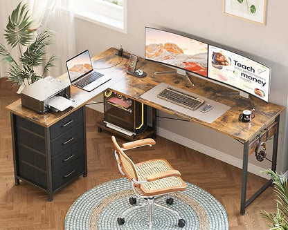 AODK L Shaped Desk with 4 Tier Drawers, 61" Reversible Gaming Desk with Power Outlets, L Shaped Computer Table with USB Charging Port and Host Stand, Home Office Table, Easy to Assemble, Vintage