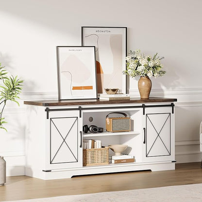 CABIHOME Farmhouse TV Stand and Entertainment Center for TV Up to 65 Inches with Sliding Barn Doors, TV Media Storage Console Table and Furniture for Living Room, Bedroom, White & Brown
