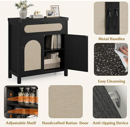 Garvee 29.9'' Small Rattan Buffet Cabinet with Storage, Kitchen Coffee Bar Cabinet with Doors and Drawer, Boho Farmhouse Sideboard with Adjustable Shelves and Handle for Living Room, Black