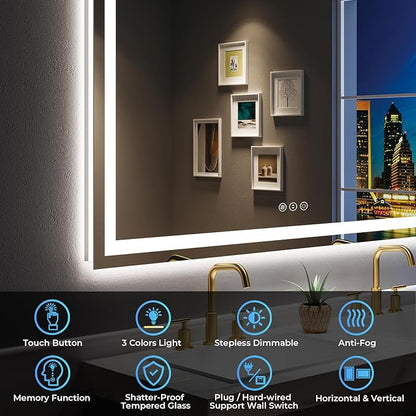 60x36 Inch LED Bathroom Mirror with Lights Front and Backlit Lighted Vanity Mirror for Bathroom Wall with 3 Colors Dimmable Anti-Fog Memory Shatter-Proof IP54 Waterproof Horizontal/Vertical