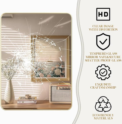 40×32 Gold Bathroom Mirror, Rectangular Bathroom Vanity Mirror for Wall with Rounded Corners & Aluminum Alloy Frame, Tempered-Glass, Modern, Farmhouse, Horizontal/Vertical, Entryway, Bedroom