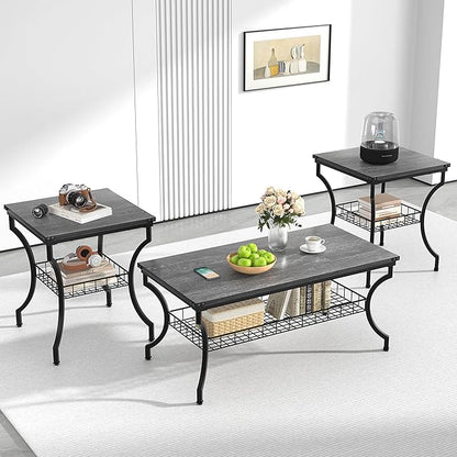 VECELO 3 Pieces Living Room Table Sets, Coffee and End Tables with Open Storage Shelves for Apartment, Home Office, Small Space, Easy Assembly, Dark Grey