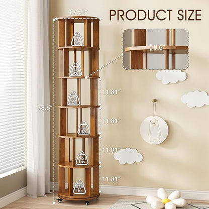 6 Tier Solid Wood Rotating Bookcase with Wheels, Round Revolving Bookshelf Organizer, 360° Spinning Storage Shelf for Corner, Small Narrow Spaces, Home, Office, Kids Room