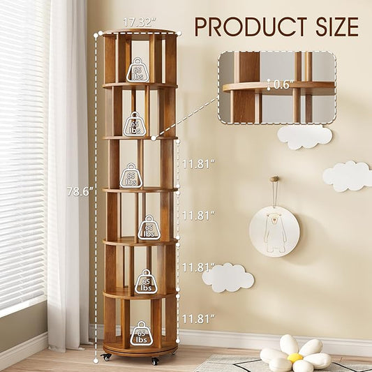 6 Tier Solid Wood Rotating Bookcase with Wheels, Round Revolving Bookshelf Organizer, 360° Spinning Storage Shelf for Corner, Small Narrow Spaces, Home, Office, Kids Room