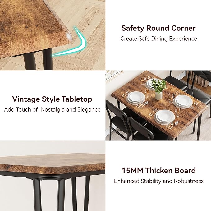 IDEALHOUSE Dining Table Set for 4, Kitchen Table with Upholstered Chairs for Kitchen Room and Small Spaces (Retro, Table with 4 Upholstered Chairs)