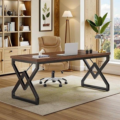 Tribesigns 63-inch Executive Desk, Large Office Computer Desk with Extra Thick Wooden Tabletop and Metal Frame, Modern Simple Workstation Writing Table Study Desk for Home Office, Vintage Brown