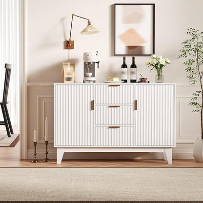 Garvee 47.2" Fluted Buffet Cabinets with Storage, Sideboard Storage Cabinet with 3 Drawers and 2 Doors, Modern Mid Century TV Stand Coffee Bar Furniture for Living Room, Kitchen, Entryway- White