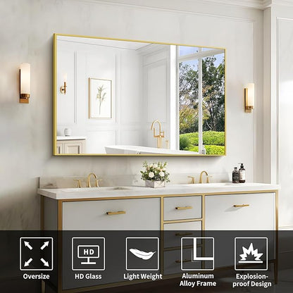 Gold Bathroom Mirror for Wall, 60x36 Inch Rectangle Mirrors with Metal Frame, Modern Vanity Wall Mirror Decor for Bathroom Living Room, Entryway Hangs Horizontal or Vertical