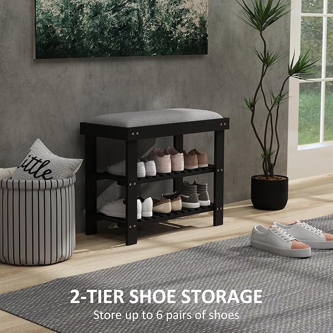 HOMCOM Bamboo Shoe Bench, 3-Tier Entryway Bench with Storage and Cushion, Shoe Organizer for Entryway, Hallway, Holds Up to 331 lbs, 23.6 x 11.4 x 19.3 Inches, Black