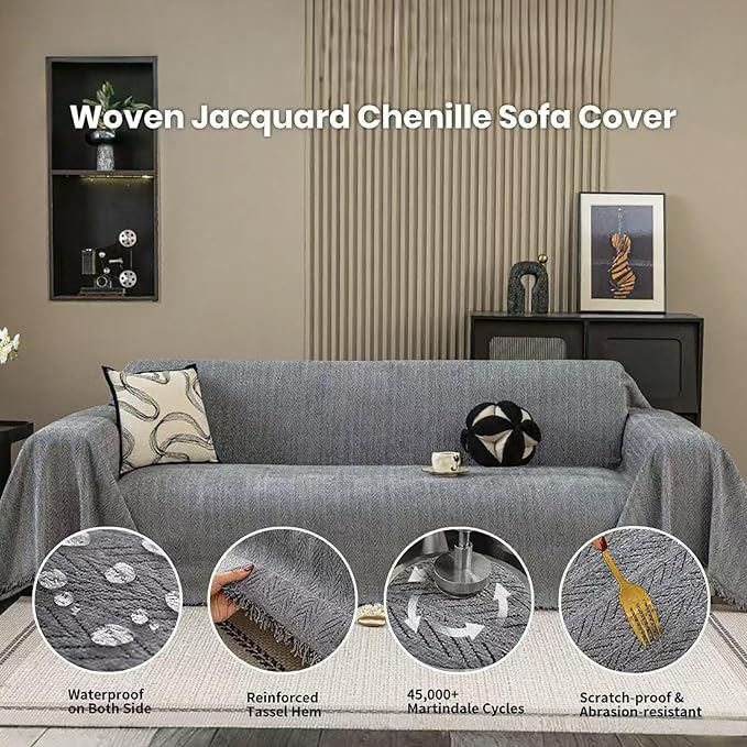 Nobildonna Sofa Cover Washable Soft Thicken Chenille Couch Cover with Tassel,Waterproof Sofa Slipcovers for 2 Cushion Couch,Loveseat,Futon Couch Furniture Protector Pet-Friendly,Dark Gray 71"x102"
