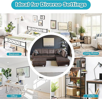 Couches for Living Room Comfy Flannel Fabric 3 Pieces Sectional Sofa with Chaise, Ottoman with Storage for Office and Small Apartment, Dark Brown