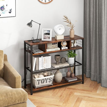 Console Tables with Charging Station, 4 Tier Narrow Sofa Tables with Storage Shelves, Entryway Tables with Outlet and USB Ports, Behind Couch Table for Living Room Hallway, Rustic Brown
