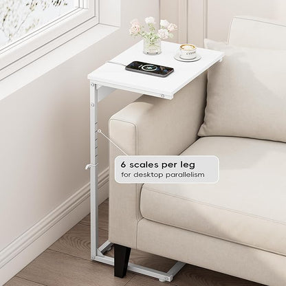 Vagusicc C Shaped End Table with Charging Station, Adjustable Height Side Table for Couch, Small End Table Small Spaces, 33.2'' Tall Couch Tables that Slide Under, Tv Tray Table for Living Room, White
