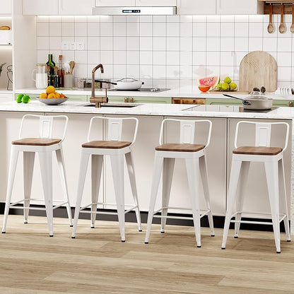 WENTMENT Bar Stools Set of 4 Counter Height Metal Barstools with Removable Back 30" Kitchen Bar Stools with Wooden Seat, White
