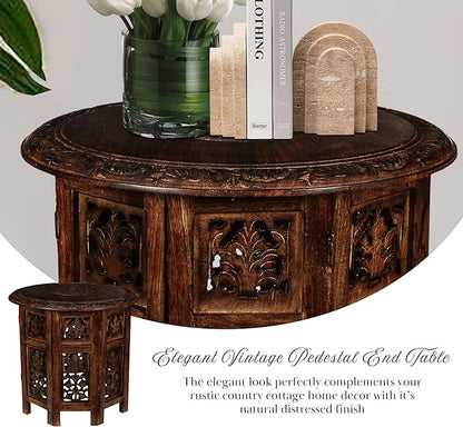 Round Wood Coffee Table - 18” Carved Small Accent Side Table with Burnt Finish, Wooden Altar Table, 18” Round Top x 18” Height, Perfect End Table for Living Room Décor