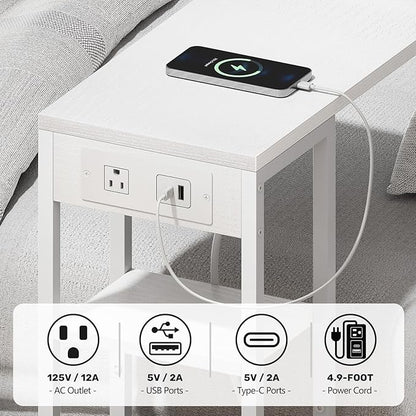 C Shaped End Table with Charging Station, Small Side Table for Couch Recliner, Slide Under Sofa Desk Snack Tables with Storage Bag & AC / USB Outlet, Small Spaces Drink Tables for Living Room, Bedroom