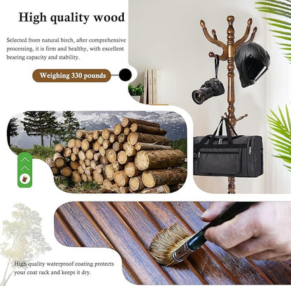 Coat Rack Stand, Solid Wooden Coat Tree with 11 Hooks, Heavy Duty Coat Rack Freestanding with Sturdy Round Base, Natural Birch Wood Coat Hanger Stand for Entryway Bedroom (brown circular)