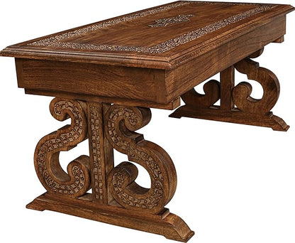 Lightnpro Handcrafted Mango Wood Rectangular Coffee Table - Vintage Rustic Living Room Center Table with Intricate Carving, Modern Farmhouse Style, Eco-Friendly Furniture - 40x18 Inch Burnt Finish