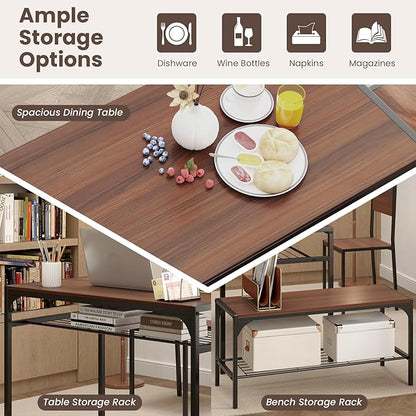 Giantex Dining Table Set for 4, Kitchen Table with Chairs & Bench, Storage Racks, Metal Frame, 4-Piece Space-Saving Dinette Set for Dining Room, Breakfast Nook, Small Space, Apartment, Walnut