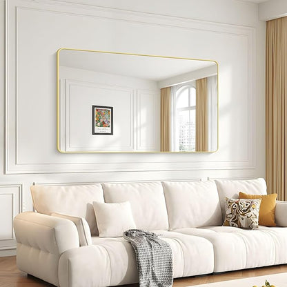 55x36 Inch Gold Bathroom Mirror, Metal Framed Large Rectangle Mirror, Rounded Rectangular Vanity Mirror, Wall Mounted Mirror for Over Sink Living Room Bedroom Entryway Horizontal/Vertical