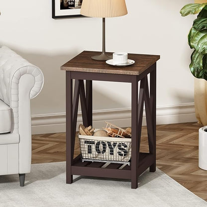 ChooChoo Farmhouse End Table, Rustic Vintage End Side Table with Storage Shelf for Small Spaces, Nightstand Sofa Table for Living Room, Bedroom Espresso 2 Pack