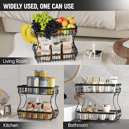 Fruit Basket,2-Tier Fruit Bowl with Banana Hanger,Kitchen Storage Countertop Rack,Fruit Metal Bowls Perfect for Holding Fruit,Vegetables,Snacks(Black)