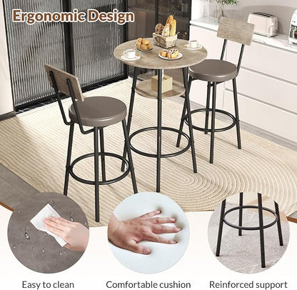 3 Pieces Round Bar Table and Chairs Set, Small Dining Table for 2, Kitchen Bar Table, Breakfast Table with Storage, 2 Thickened Cushion Stools with Backrest for Dining Room & Bistro-Grey