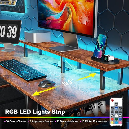 Furologee 51" Computer Desk with Power Outlet and LED Lights, Reversible Home Office Desk with File Cabinet & Monitor Stand, Large Gaming Table with Storage Shelves & Drawer, Rustic Brown