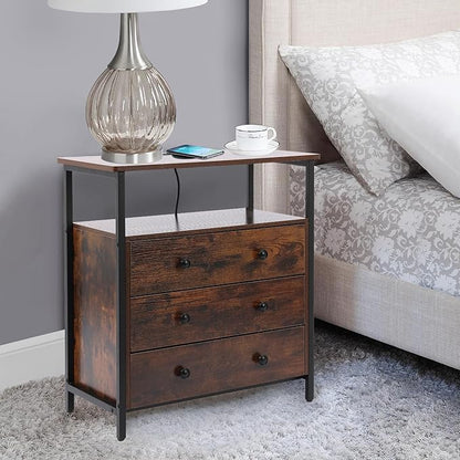 3 Wooden Drawers Nightstand, 27 Inch Wide Night Stand Set 2 with Charging Station and Adjustable Drawers, Bedside Table for Living Room/Bedroom/Office, Retro Brown.
