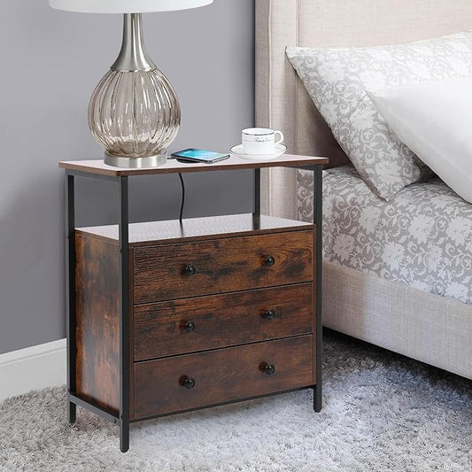 3 Wooden Drawers Nightstand, 27 Inch Wide Night Stand Set 2 with Charging Station and Adjustable Drawers, Bedside Table for Living Room/Bedroom/Office, Retro Brown.